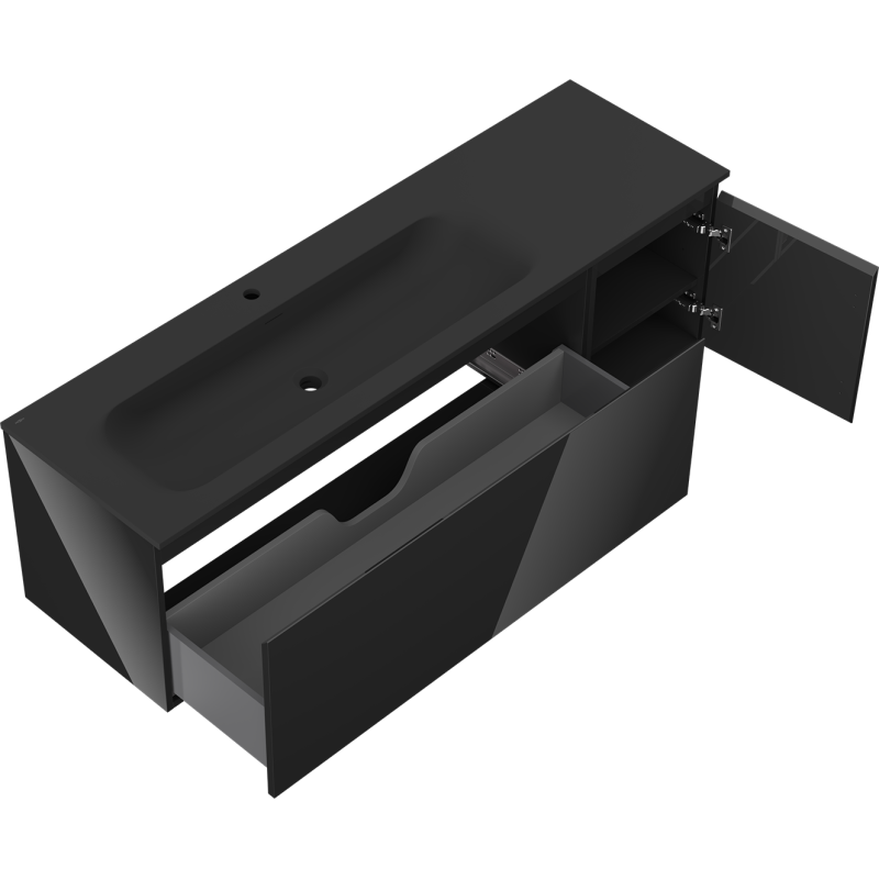 Mexen Orio bathroom cabinet 160 cm with left Vela sink, 1S, 1D, black gloss/black matte - 91A13-16047-3-BBFF70-W23L71