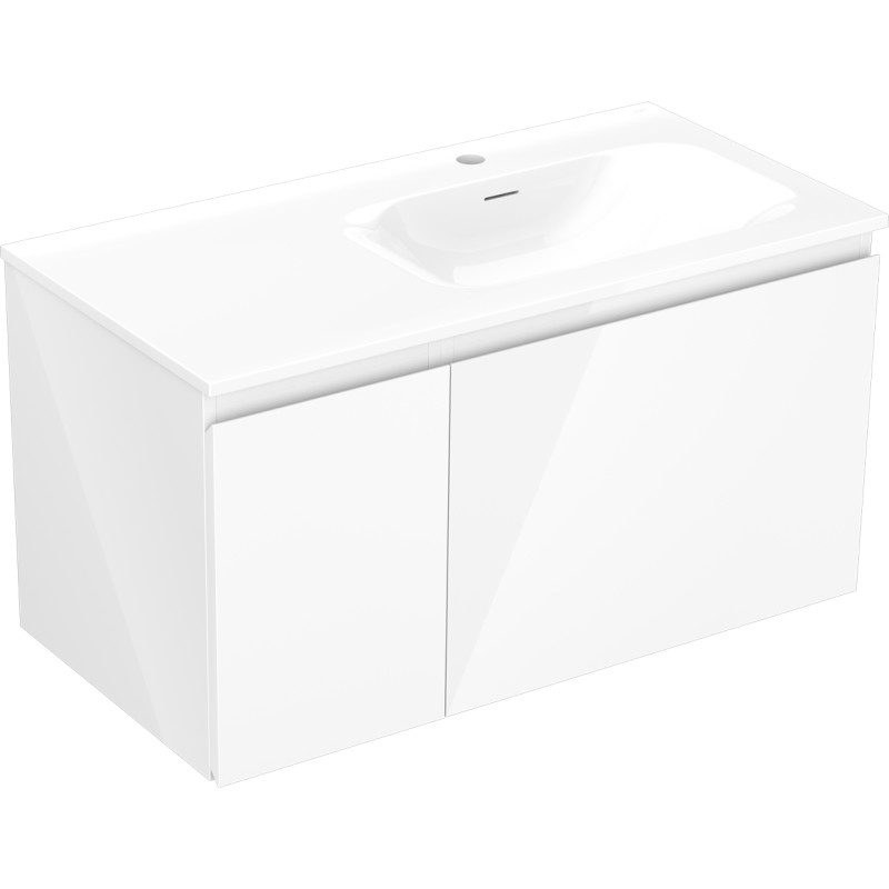 Mexen Orio Badezimmerschrank 90 cm mit Waschbecken Vela rechts, 1S, 1D, weiß glänzend - 91A13-09047-3-BBFF00-W23P00