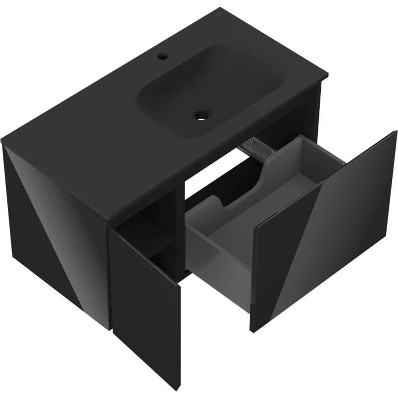 Mexen Orio mueble de baño 90 cm con lavabo Vela derecho, 1S, 1D, negro brillo/negro mate - 91A13-09047-3-BBFF70-W23P71