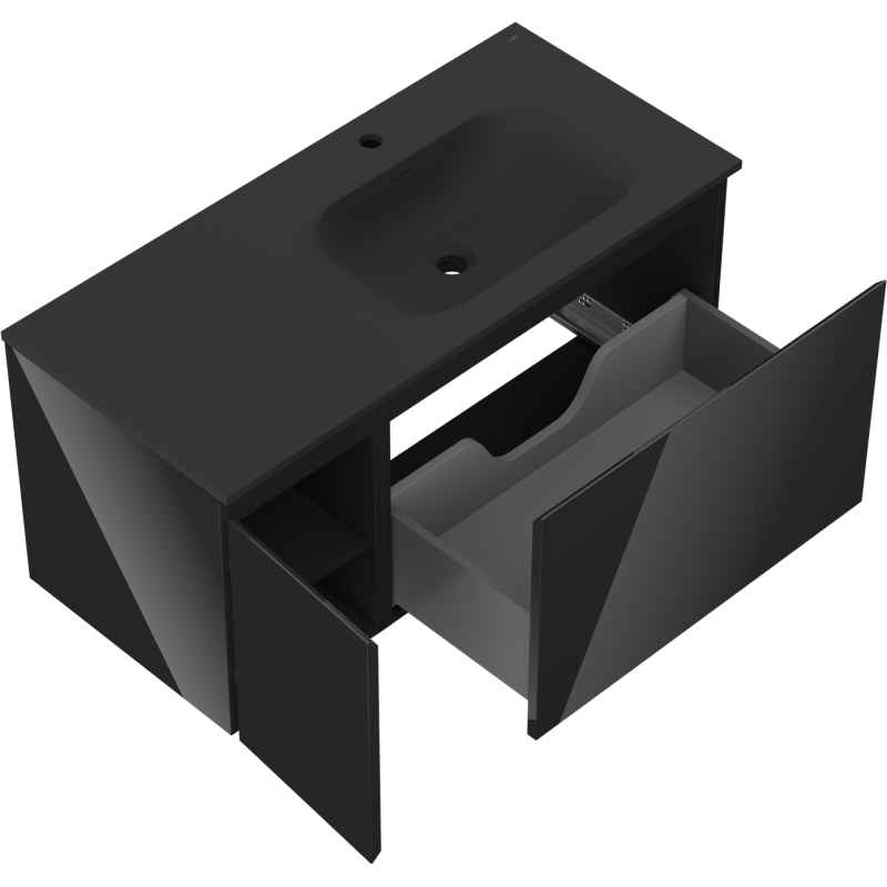 Mexen Orio badrumsskåp 100 cm med handfat Vela höger, 1S, 1D, svart högblank/svart matt - 91A13-10047-3-BBFF70-W23P71