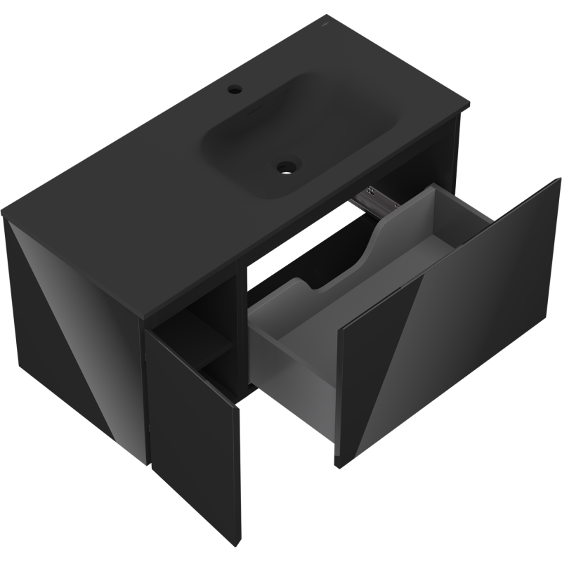 Mexen Orio gabinete de baño 100 cm con lavabo Vela derecho, 1S, 1D, negro brillo/negro mate - 91A13-10047-3-BBFF70-W23P71