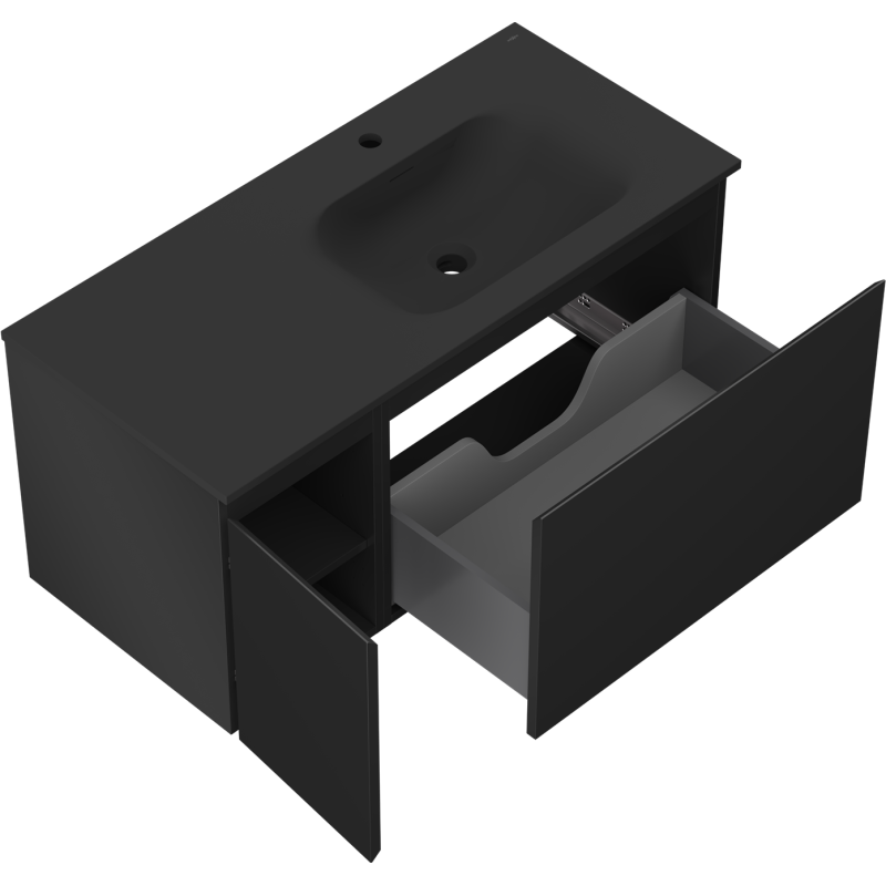 Mexen Orio Badezimmerschrank 100 cm mit Waschbecken Vela rechts, 1S, 1T, Schwarz Matt - 91A13-10047-3-BBFF71-W23P71