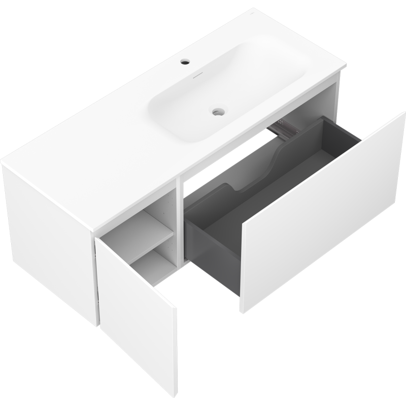 Mexen Orio mueble de baño de 120 cm con lavabo Vela a la derecha, 1 cajón, 1 puerta, blanco mate - 91A13-12047-3-BBFF01-W23P01