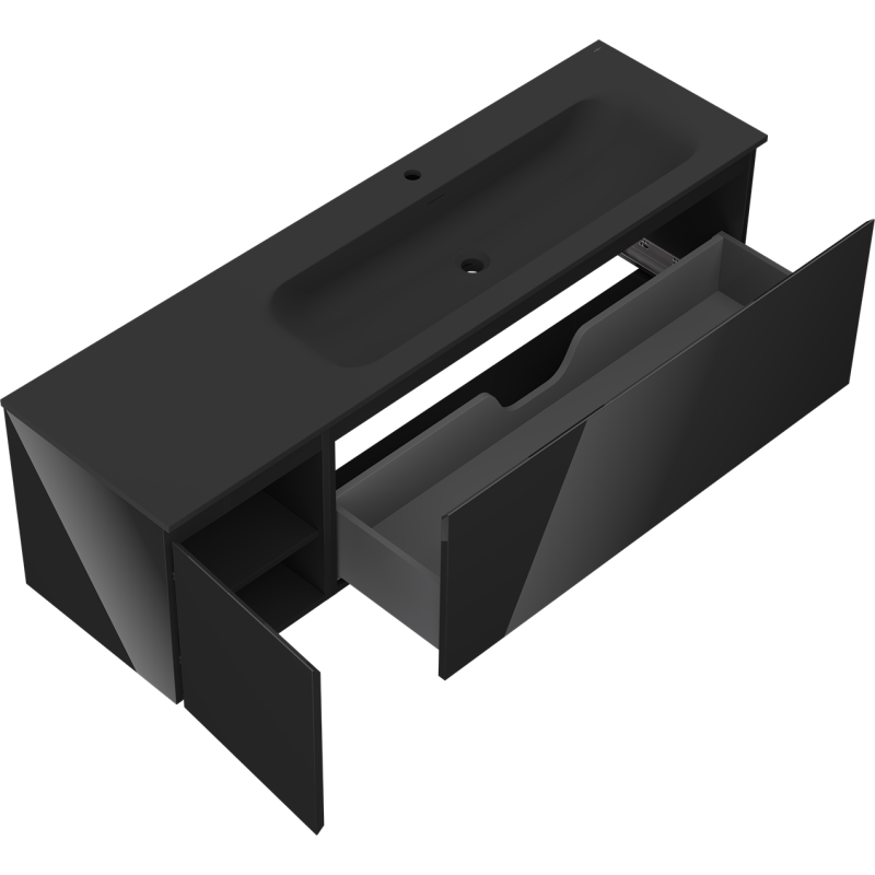 Mexen Orio mobiletto da bagno 160 cm con lavabo Vela destro, 1S, 1D, nero lucido/nero opaco - 91A13-16047-3-BBFF70-W23P71
