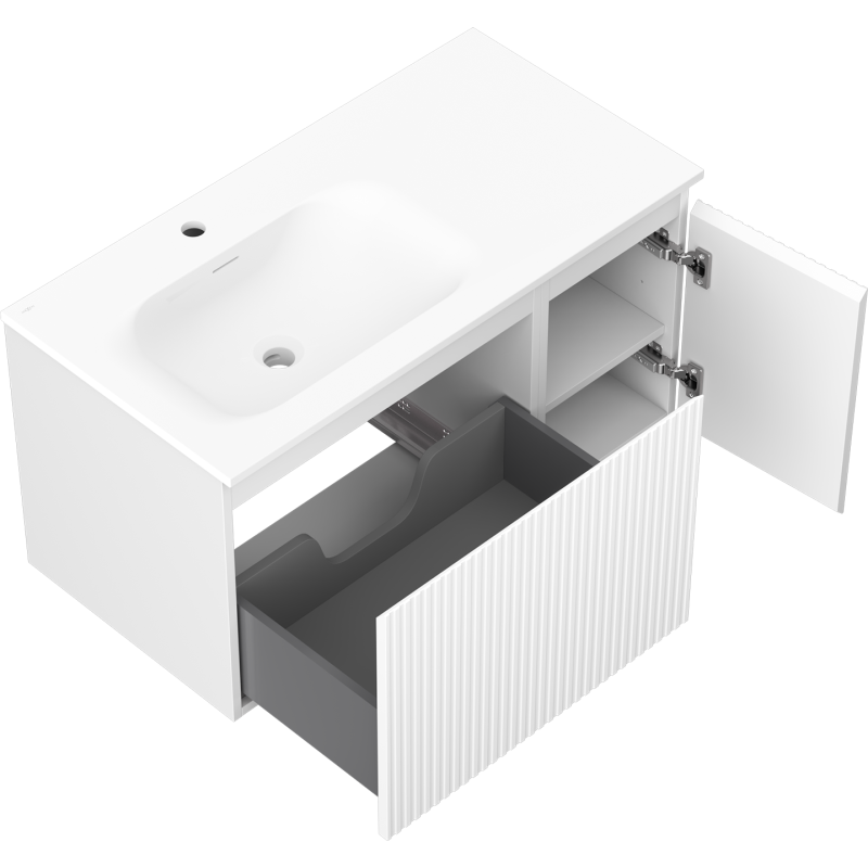 Mexen Rivel mobile da bagno 90 cm con lavabo Vela sinistro, 1S, 1D, scanalato, bianco opaco - 91A23-09047-3-BBFF01-W23L01