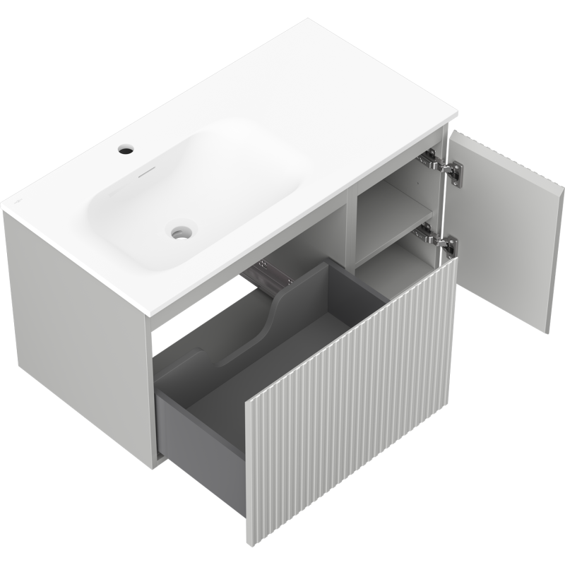 Mexen Rivel armário de casa de banho 90 cm com lavatório Vela esquerdo, 1S, 1D, canelado, cinza mate/branco mate