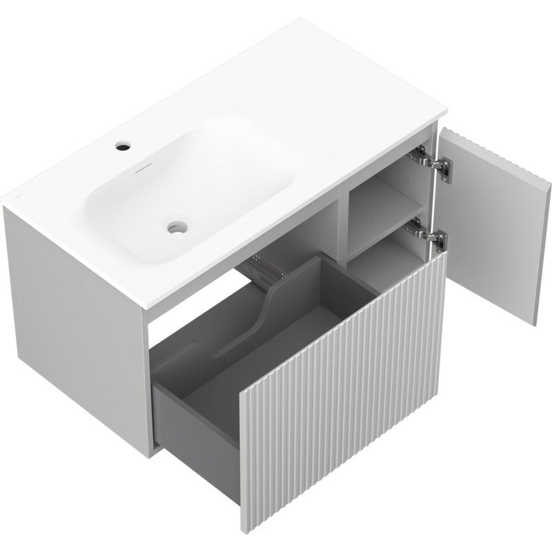 Mexen Rivel badkamerkast 90 cm met wastafel Vela links, 1S, 1D, gegroefd, grijs mat/wit mat - 91A23-09047-3-BBFF62-W23L01
