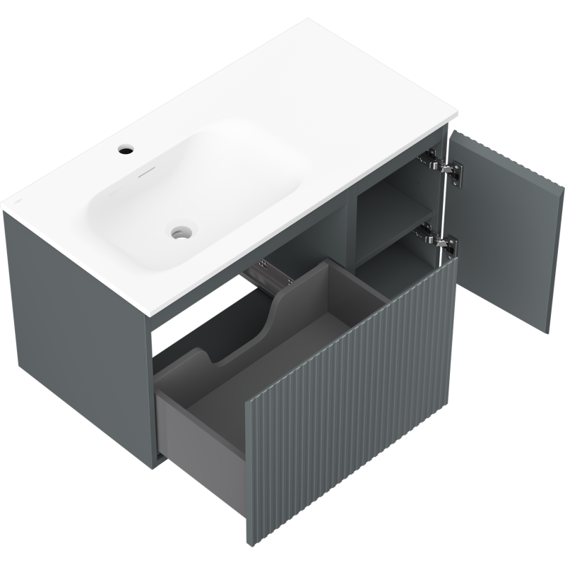 Mexen Rivel mueble de baño de 90 cm con lavabo Vela izquierdo, 1S, 1D, estriado, grafito mate/blanco mate