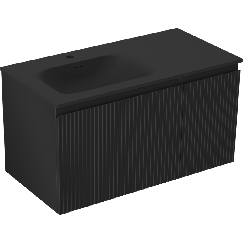 Mexen Rivel armario de baño de 90 cm con lavabo Vela izquierdo, 1S, 1D, acanalado, negro mate - 91A23-09047-3-BBFF71-W23L71