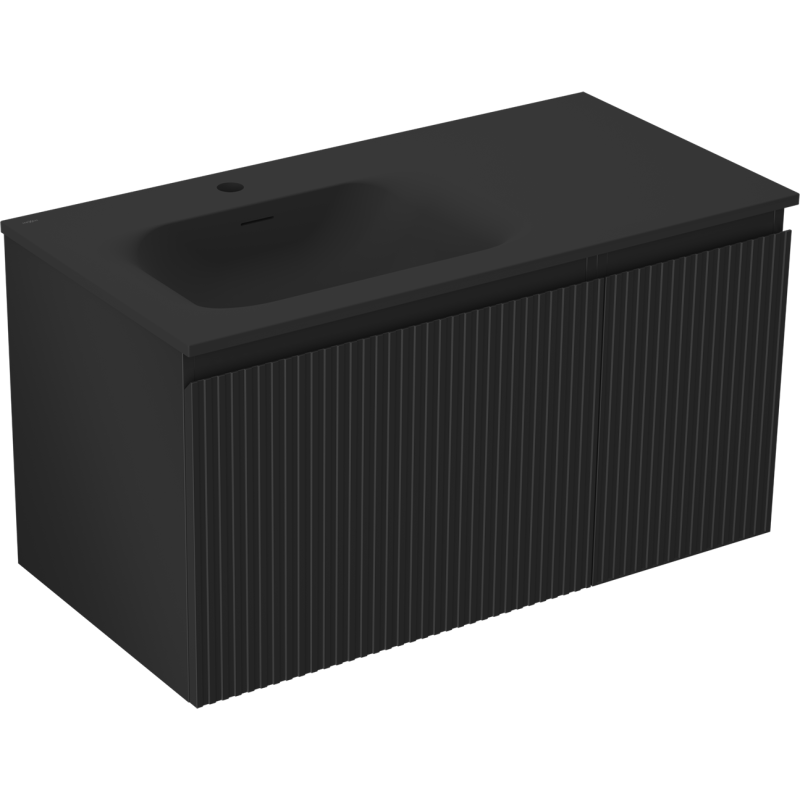 Mexen Rivel mobile da bagno 90 cm con lavabo Vela sinistra, 1S, 1D, scanalato, nero opaco - 91A23-09047-3-BBFF71-W23L71
