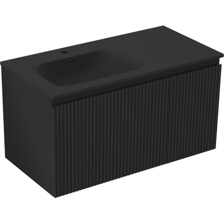Mexen Rivel meuble de salle de bain 90 cm avec lavabo Vela gauche, 1S, 1D, rainuré, noir mat - 91A23-09047-3-BBFF71-W23L71