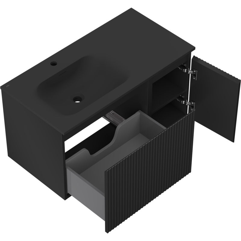 Mexen Rivel meuble de salle de bain 90 cm avec lavabo Vela gauche, 1S, 1D, rainuré, noir mat - 91A23-09047-3-BBFF71-W23L71