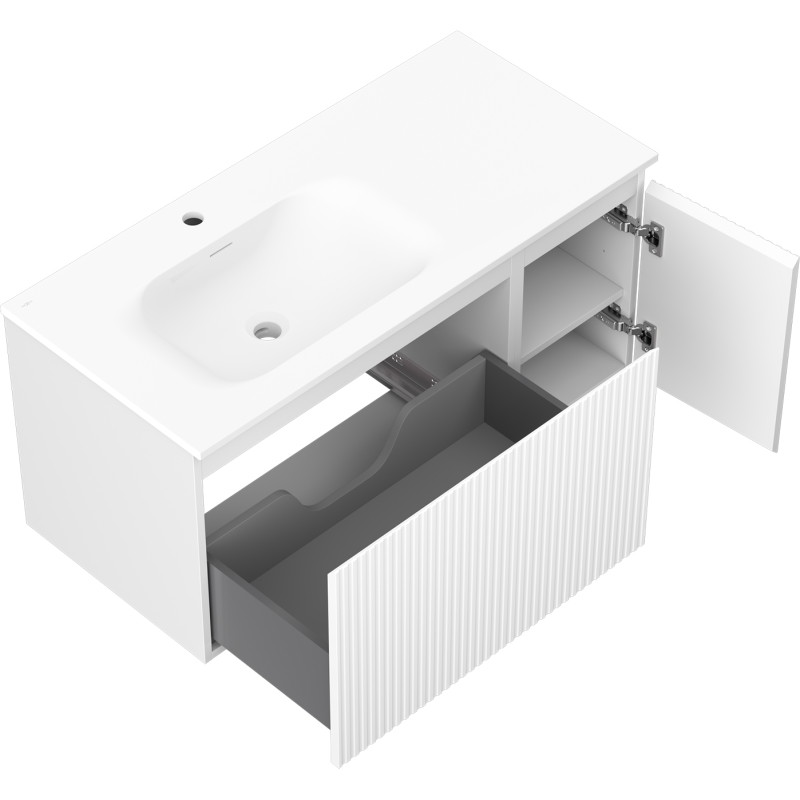 Mexen Rivel armoire de salle de bain 100 cm avec lavabo Vela gauche, 1T, 1P, rainurée, blanc mat - 91A23-10047-3-BBFF01-W23L01