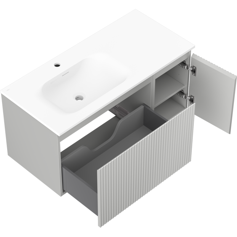 Mexen Rivel armario de baño de 100 cm con lavabo Vela izquierdo, 1 cajón, 1 puerta, acanalado, gris mate/blanco mate