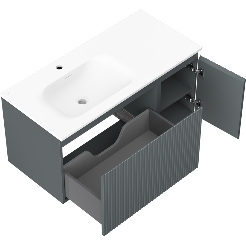 Mexen Rivel bathroom cabinet 100 cm with Vela left sink, 1S, 1D, grooved, graphite matte/white matte