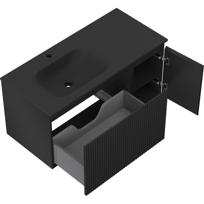 Mexen Rivel mueble de baño 100 cm con lavabo Vela izquierdo, 1S, 1D, estriado, negro mate - 91A23-10047-3-BBFF71-W23L71