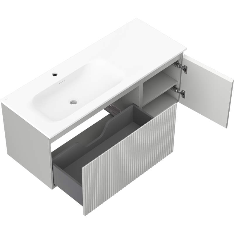 Mexen Rivel armoire de salle de bain 120 cm avec lavabo Vela gauche, 1T, 1P, cannelée, gris mat/blanc mat