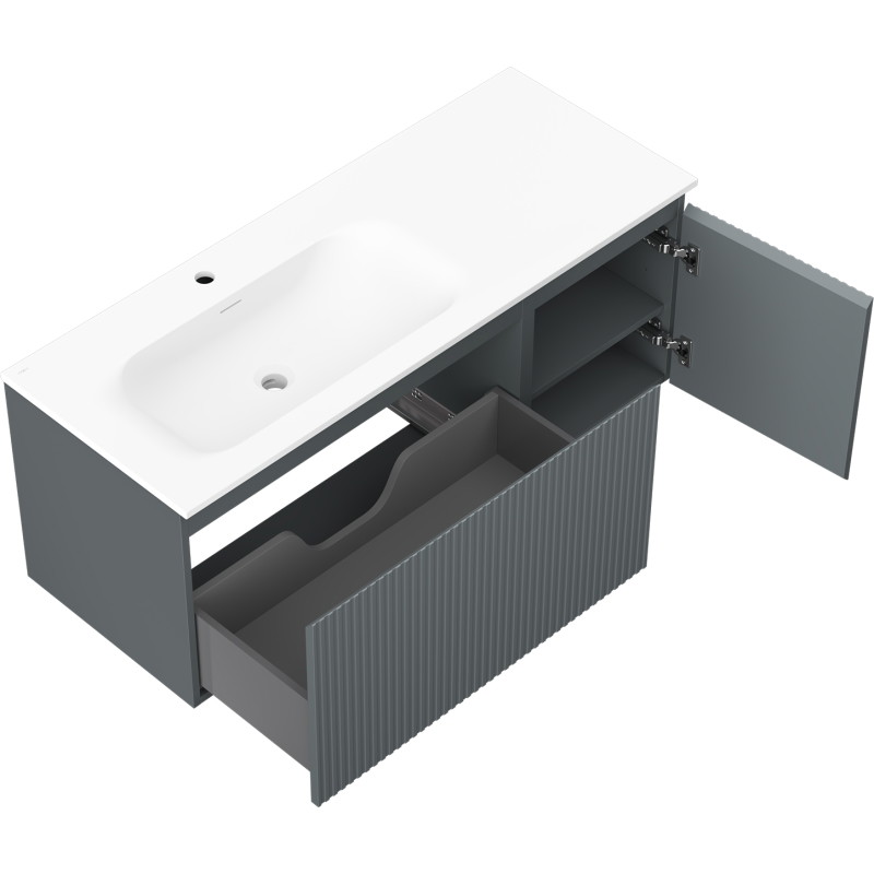 Mexen Rivel badkamerkast 120 cm met wastafel Vela links, 1S, 1D, geribbeld, grafiet mat/wit mat - 91A23-12047-3-BBFF66-W23L01