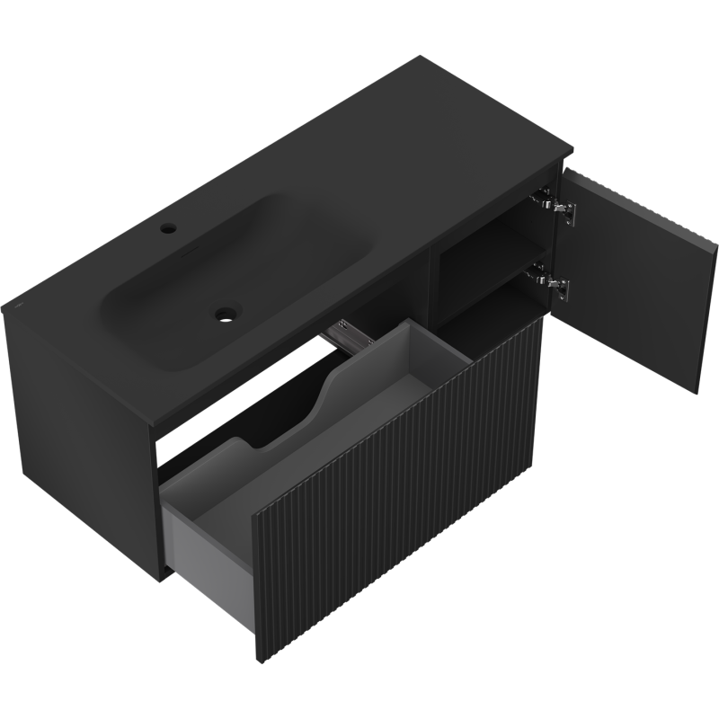 Mexen Rivel gabinete de baño 120 cm con lavabo Vela a la izquierda, 1S, 1D, ranurado, negro mate - 91A23-12047-3-BBFF71-W23L71