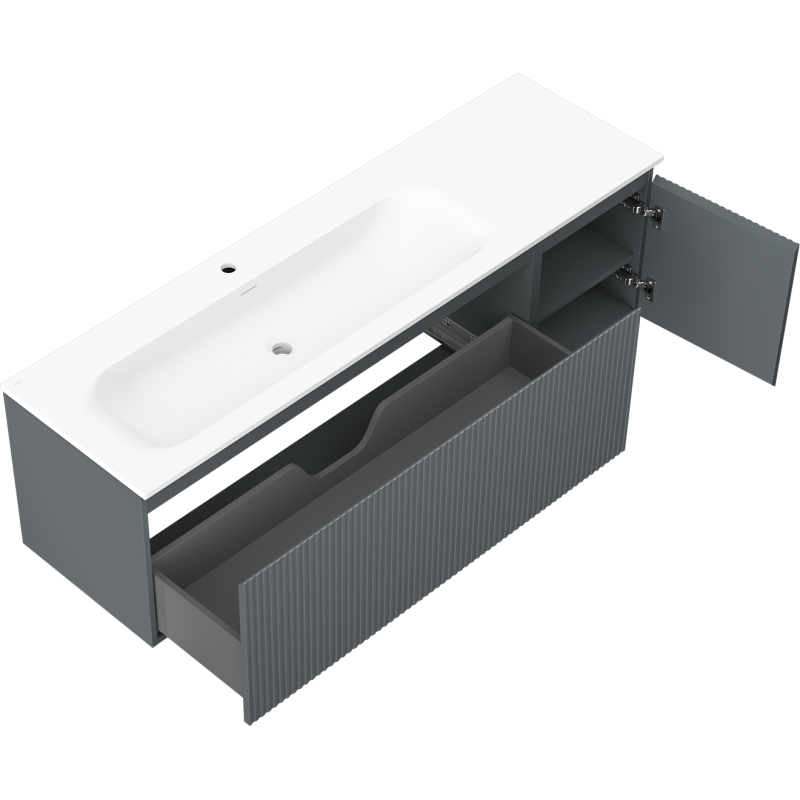 Mexen Rivel bathroom cabinet 160 cm with Vela washbasin left, 1S, 1D, fluted, graphite matte/white matte