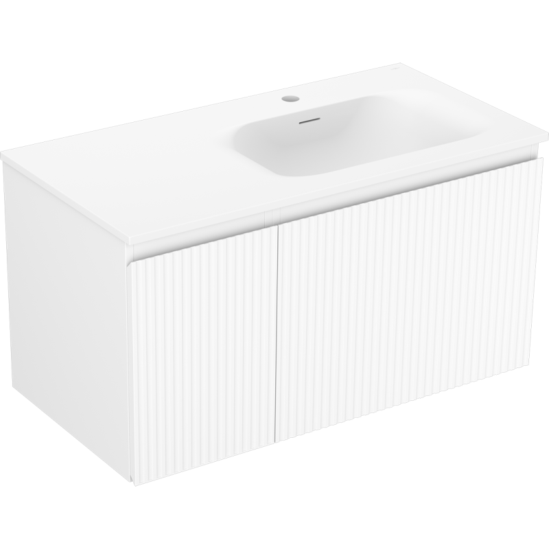 Mexen Rivel mueble de baño de 90 cm con lavabo Vela a la derecha, 1S, 1D, acanalado, blanco mate - 91A23-09047-3-BBFF01-W23P01