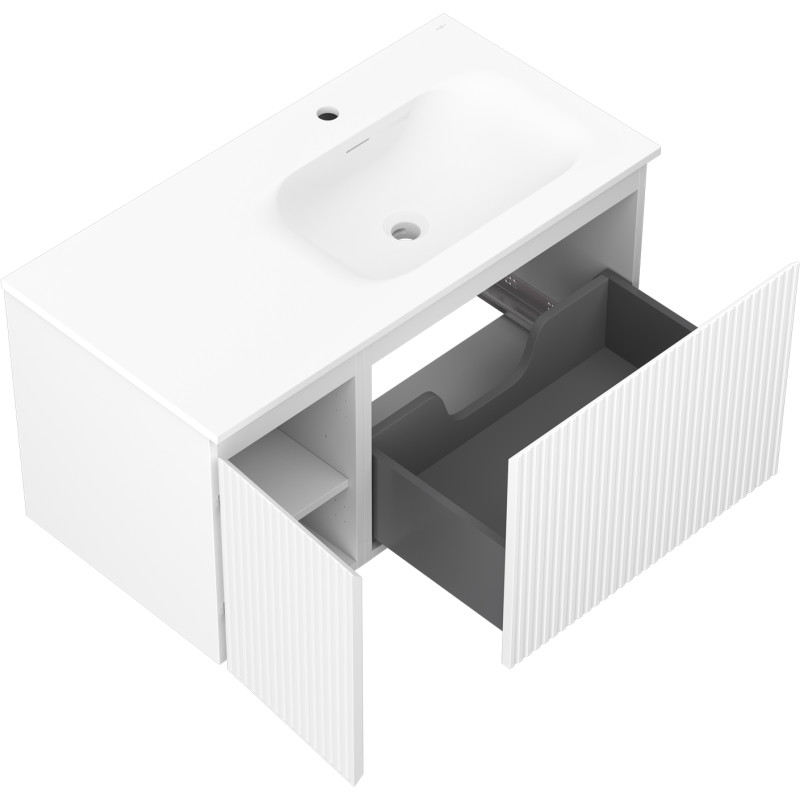 Mexen Rivel Badezimmerschrank 90 cm mit Waschbecken Vela rechts, 1S, 1T, gerillt, weiß matt - 91A23-09047-3-BBFF01-W23P01