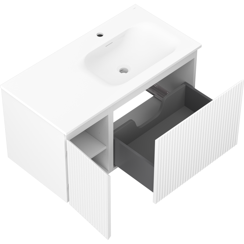 Mexen Rivel mueble de baño de 90 cm con lavabo Vela a la derecha, 1S, 1D, acanalado, blanco mate - 91A23-09047-3-BBFF01-W23P01
