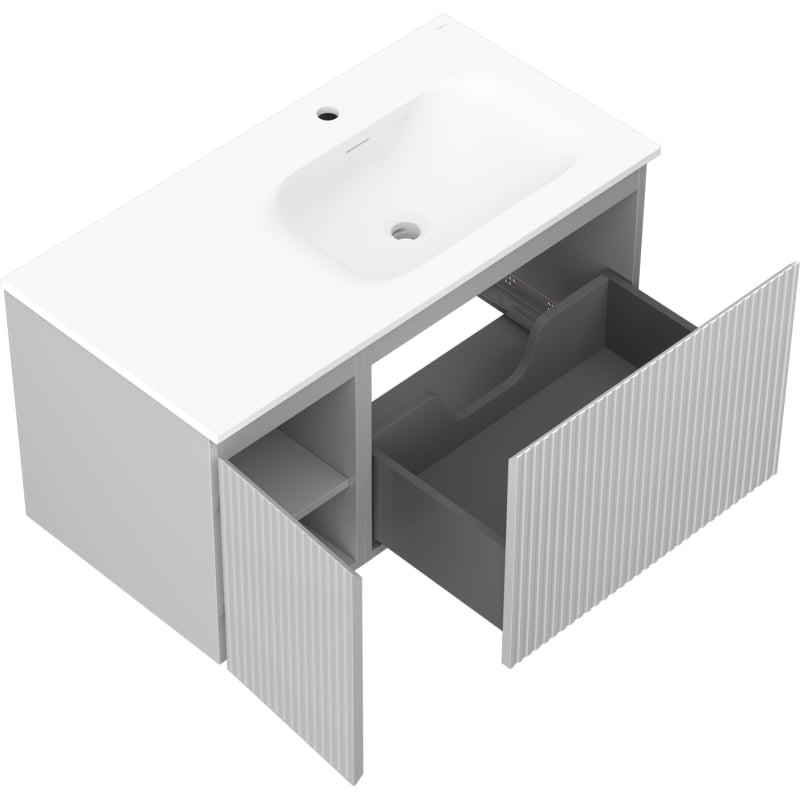 Mexen Rivel szafka łazienkowa 90 cm z umywalką Vela prawą, 1S, 1D, ryflowana, szara mat/biała mat - 91A23-09047-3-BBFF62-W23P01