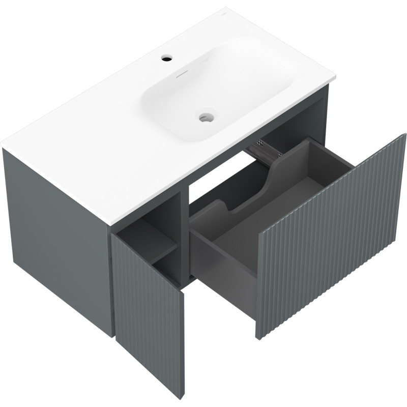 Mexen Rivel badkamerkast 90 cm met wastafel Vela rechts, 1S, 1D, gegolfd, grafiet mat/wit mat - 91A23-09047-3-BBFF66-W23P01