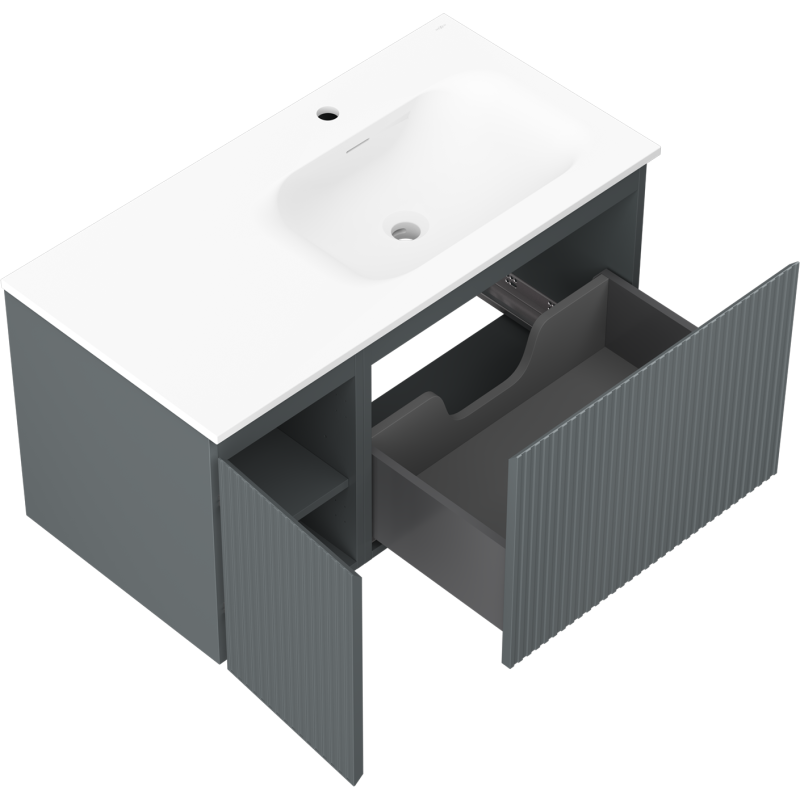 Mexen Rivel badkamerkast 90 cm met wastafel Vela rechts, 1S, 1D, gegroefd, grafiet mat/wit mat - 91A23-09047-3-BBFF66-W23P01