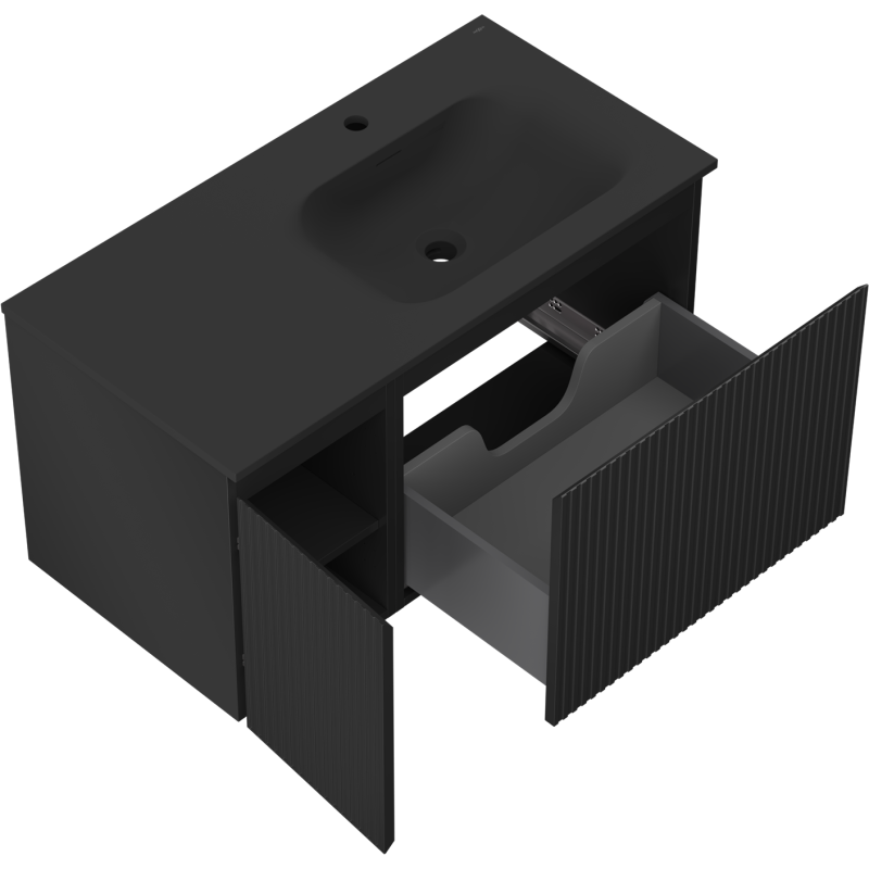 Mexen Rivel armário de casa de banho de 90 cm com lavatório Vela à direita, 1S, 1D, ranhurado, preto mate