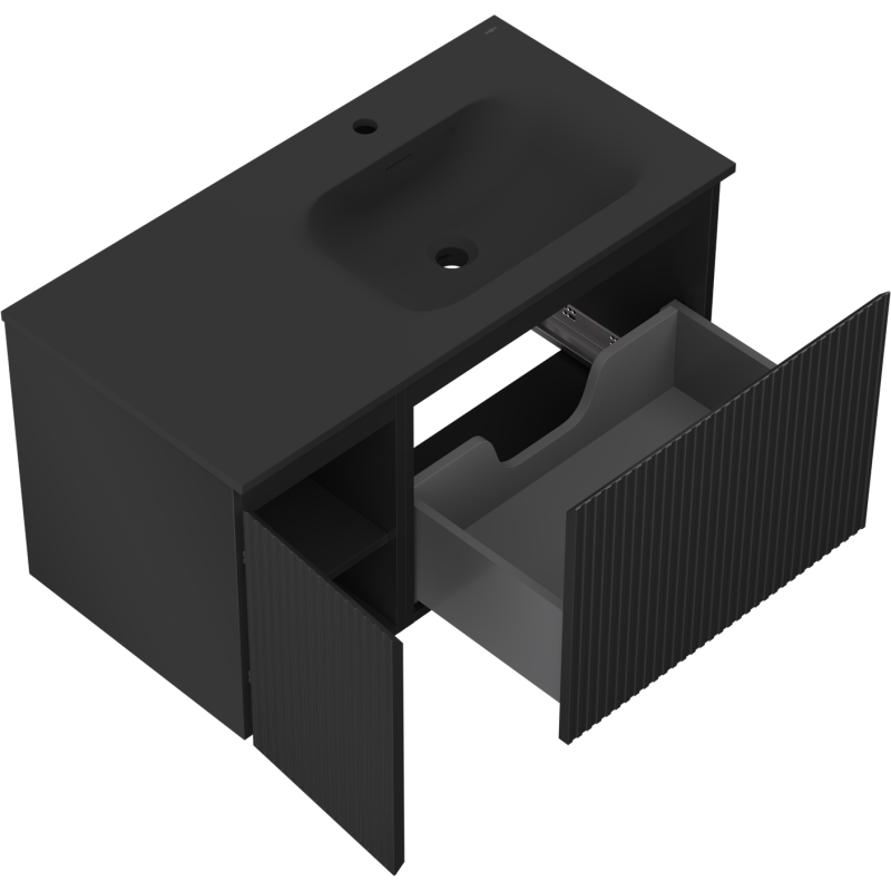 Mexen Rivel badkamerkast 90 cm met wastafel Vela rechts, 1S, 1D, gegroefd, zwart mat - 91A23-09047-3-BBFF71-W23P71