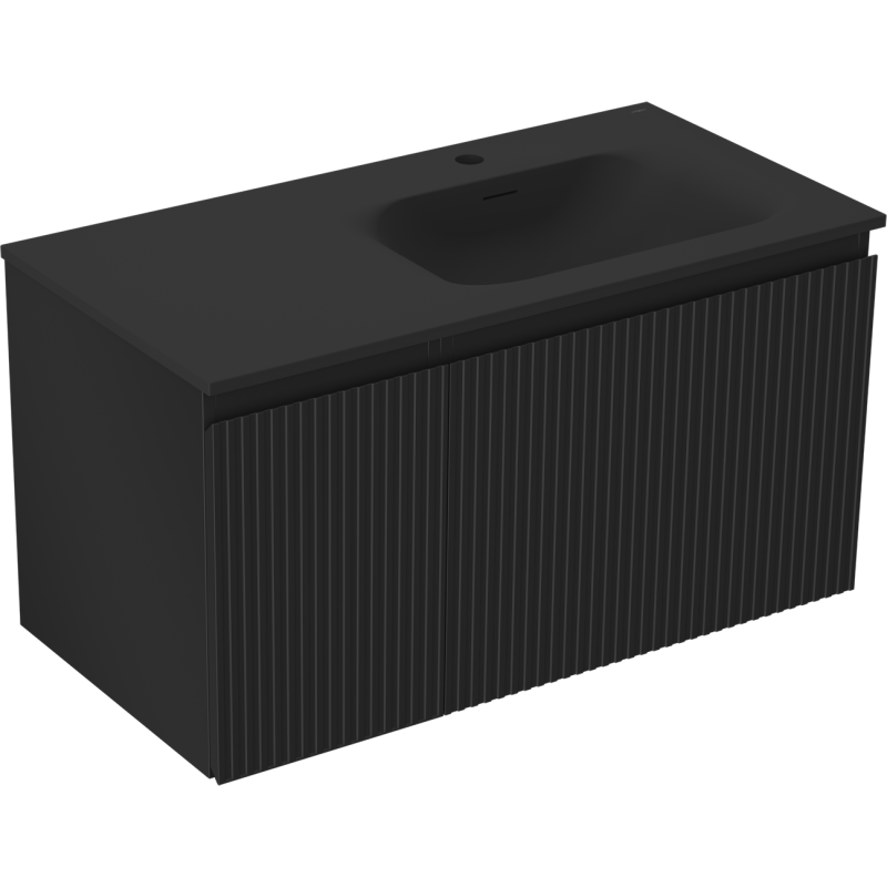 Mexen Rivel Badezimmerschrank 90 cm mit Waschbecken Vela rechts, 1S, 1D, gerillt, schwarz matt - 91A23-09047-3-BBFF71-W23P71