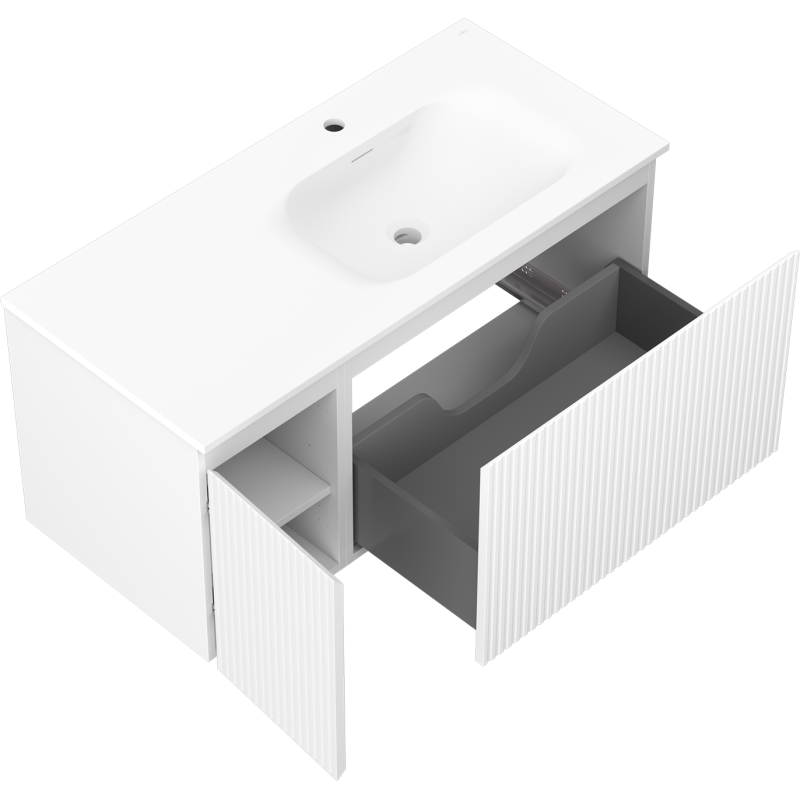 Mexen Rivel armario de baño de 100 cm con lavabo Vela a la derecha, 1S, 1D, estriado, blanco mate - 91A23-10047-3-BBFF01-W23P01
