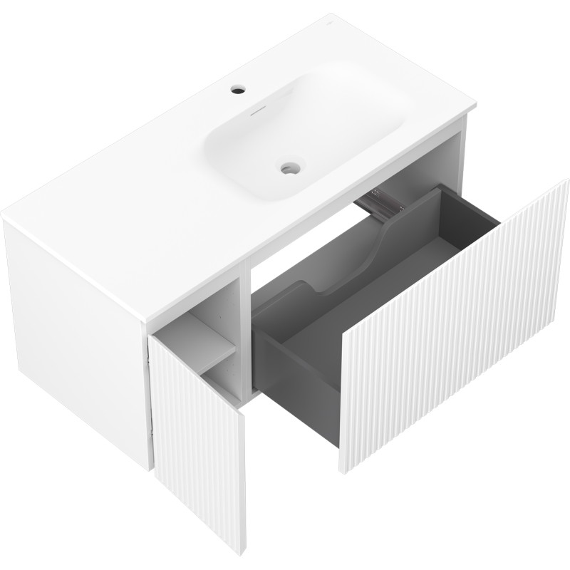 Mexen Rivel Badezimmerschrank 100 cm mit Waschbecken Vela rechts, 1S, 1D, gerillt, weiß matt - 91A23-10047-3-BBFF01-W23P01