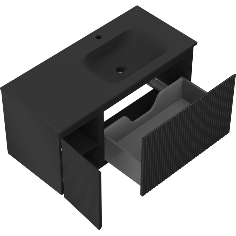 Mexen Rivel meuble de salle de bain 100 cm avec lavabo Vela droit, 1S, 1D, rainuré, noir mat - 91A23-10047-3-BBFF71-W23P71