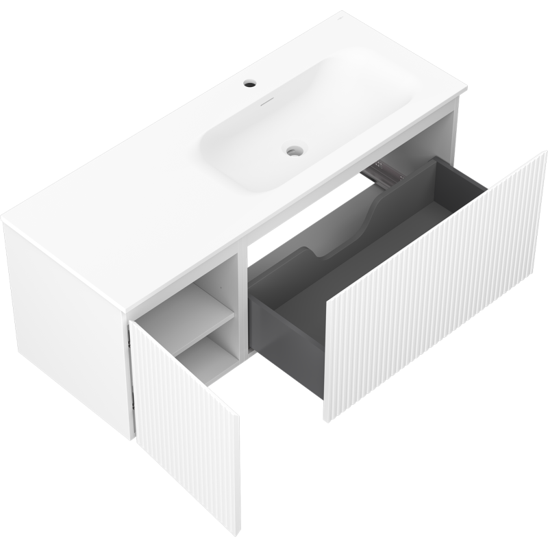 Mexen Rivel armário de casa de banho 120 cm com lavatório Vela direito, 1S, 1D, canelado, branco mate