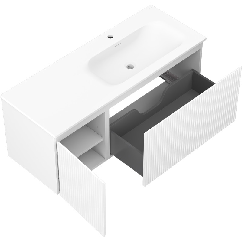 Mexen Rivel Badezimmerschrank 120 cm mit Waschbecken Vela rechts, 1S, 1D, gerillt, weiß matt - 91A23-12047-3-BBFF01-W23P01