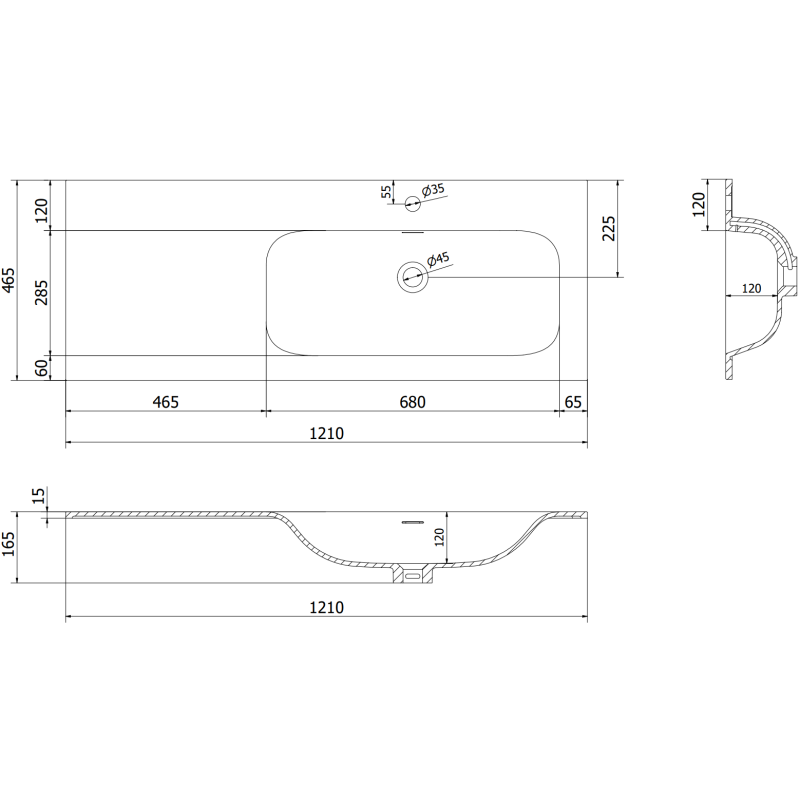 Mexen Rivel mobile da bagno 120 cm con lavabo Vela destro, 1S, 1D, scanalato, bianco opaco - 91A23-12047-3-BBFF01-W23P01