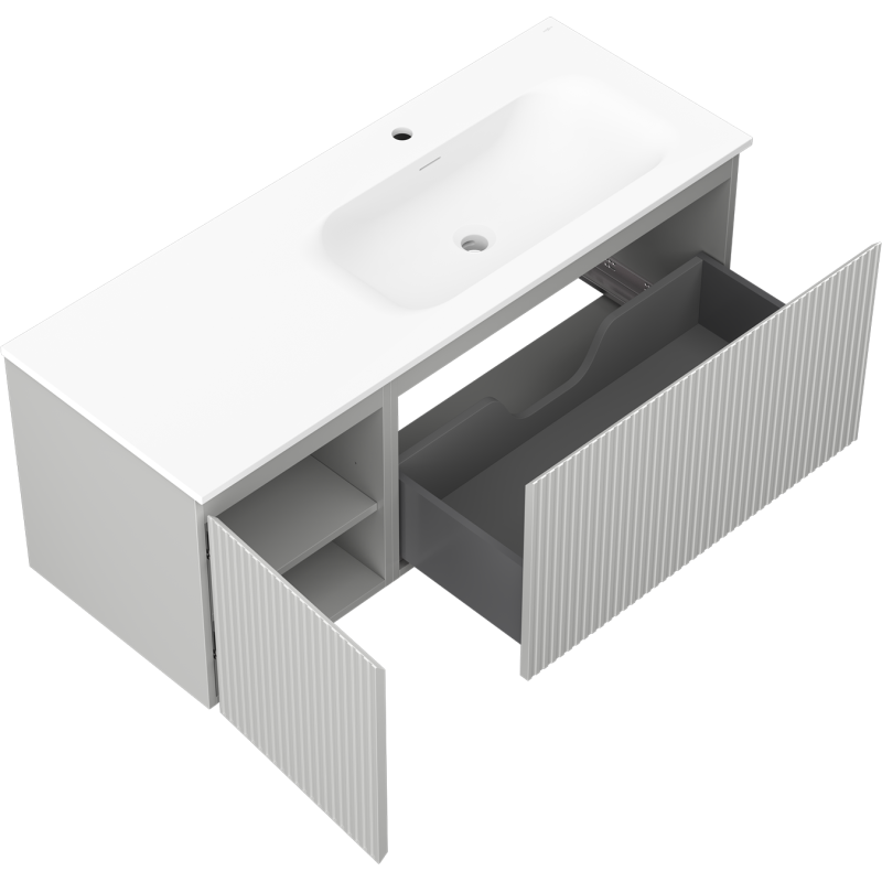 Mexen Rivel armoire de salle de bain 120 cm avec lavabo Vela à droite, 1 tiroir, 1 porte, rainurée, gris mat/blanc mat