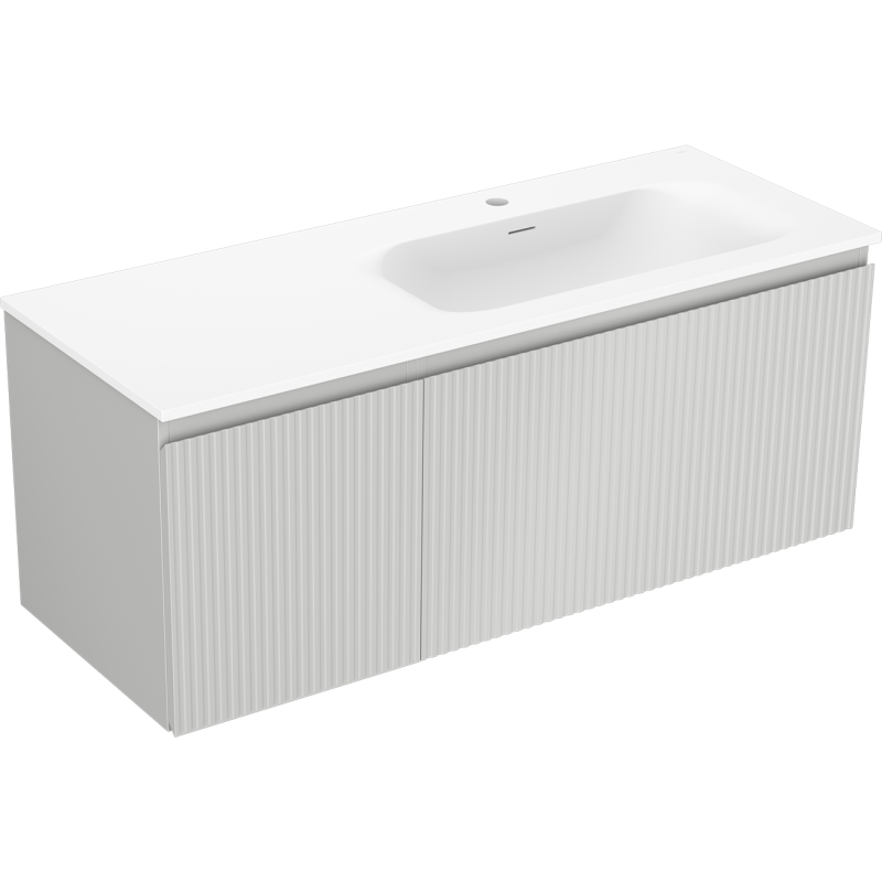 Mexen Rivel 120 cm kylpyhuonekaappi pesualtaalla Vela oikea, 1S, 1D, uurrettu, harmaa matta/valkoinen matta