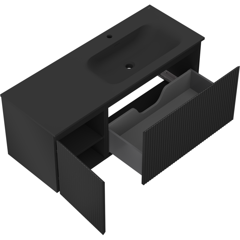 Mexen Rivel Badezimmerschrank 120 cm mit Waschbecken Vela rechts, 1S, 1D, geriffelt, schwarz matt - 91A23-12047-3-BBFF71-W23P71