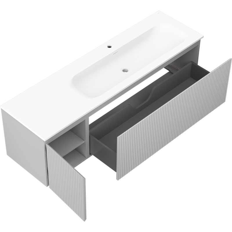 Mexen Rivel mueble de baño de 160 cm con lavabo Vela derecho, 1S, 1D, estriado, gris mate/blanco mate