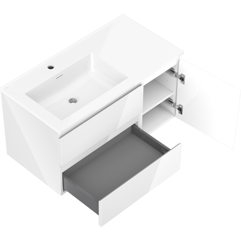 Mexen Orio armadietto da bagno 90 cm con lavabo Otis sinistro, 2S, 1D, bianco lucido - 91A13-09047-3-BBFFF00-W18L00