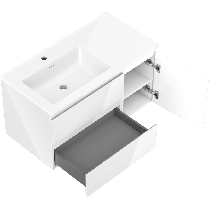 Mexen Orio bathroom cabinet 90 cm with Otis left washbasin, 2S, 1D, white gloss - 91A13-09047-3-BBFFF00-W18L00