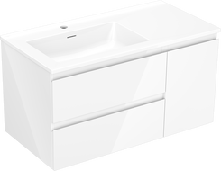 Mexen Orio Badezimmerschrank 90 cm mit linkem Otis-Waschbecken, 2S, 1D, weiß glänzend - 91A13-09047-3-BBFFF00-W18L00