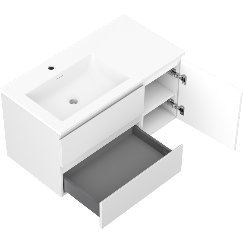 Mexen Orio bathroom cabinet 90 cm with Otis left basin, 2S, 1D, matte white - 91A13-09047-3-BBFFF01-W18L01