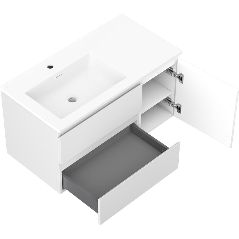 Mexen Orio mueble de baño de 90 cm con lavabo Otis izquierdo, 2S, 1D, blanco mate - 91A13-09047-3-BBFFF01-W18L01