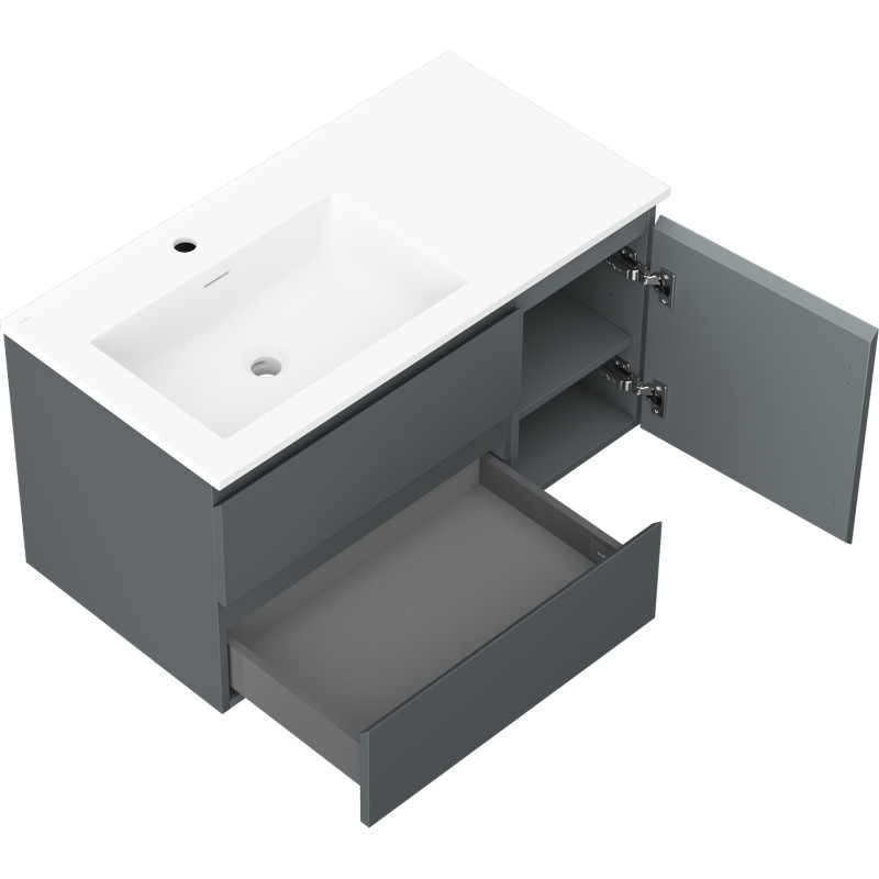 Mexen Orio mueble de baño 90 cm con lavabo Otis izquierdo, 2S, 1D, grafito mate/blanco mate - 91A13-09047-3-BBFFF66-W18L01