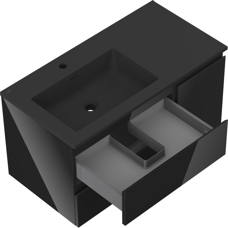 Mexen Orio armario de baño de 90 cm con lavabo Otis izquierdo, 2S, 1D, negro brillo/negro mate - 91A13-09047-3-BBFFF70-W18L71